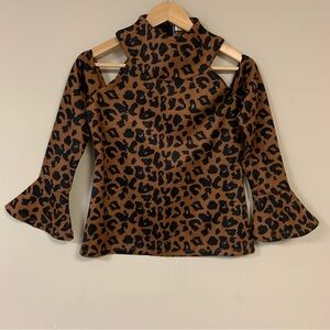 NWT Leopard Top Women Small Cold Shoulder Blouse Brown Suede Brushed Bell Sleeve